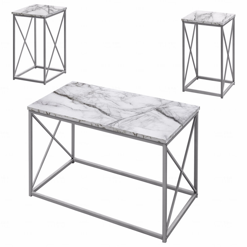 Ensemble de table, ensemble 3 pièces, café, bout, côté, accent, stratifié aspect marbre, métal, contemporain, moderne