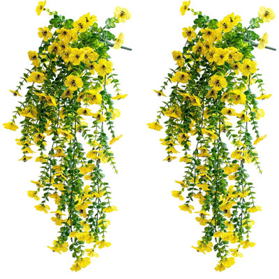 2 pièces de violettes d'eucalyptus suspendues artificielles, 31 pouces de fleurs artificielles extérieures résistantes aux rayons UV, plantes suspendues pour la décoration de fête de mariage, de jardin, de véranda murale, de patio, jaune