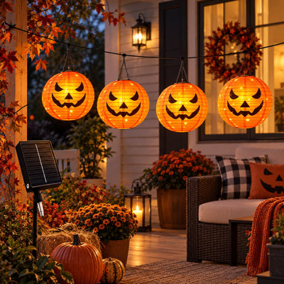 4-Piece Hanging Solar Pumpkin Light Set for Outdoor Halloween Decor | 12-Inch Jack-O-Lanterns, 160 LEDs, 8 Modes, Waterproof Yard/Porch Lights for Trick-or-Treat Parties