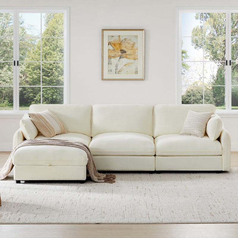 112" W 4 - Piece Modern Soft Upholstered Modular Sectional Sofa With Ottoman, Linen Polyester