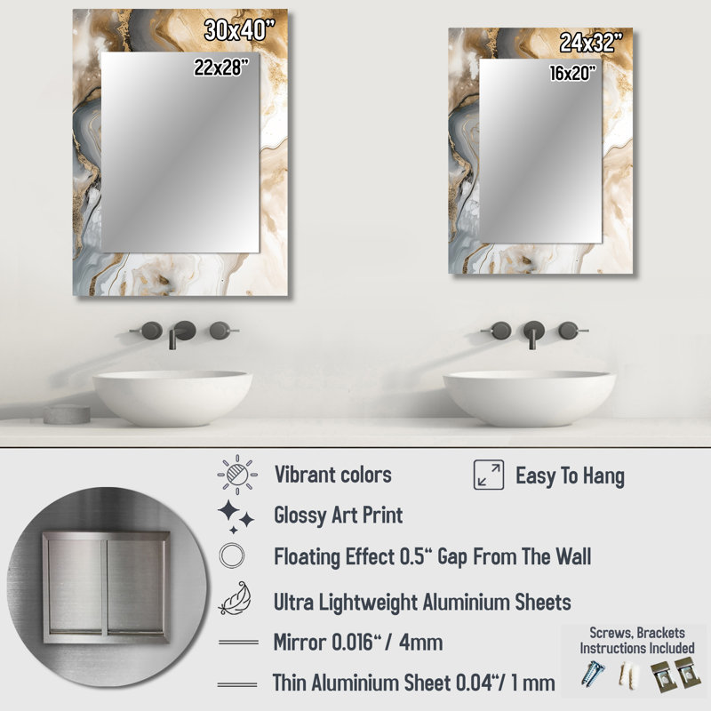 Gold And Grey A Marble Effect V - Marble Decorative Mirror, Modern Wall Mirror, Printed Metal Art, 40" x 30"