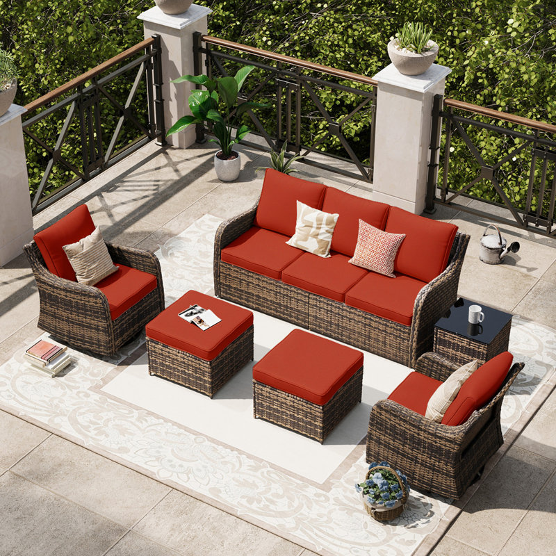  Patio Furniture Set With Swivel Rocking Chairs, 6 Pieces Patio Conversation Set, Outdoor Wicker Sofa Couch With Waterproof Cushions For Lawn Backyard Porch (Red)