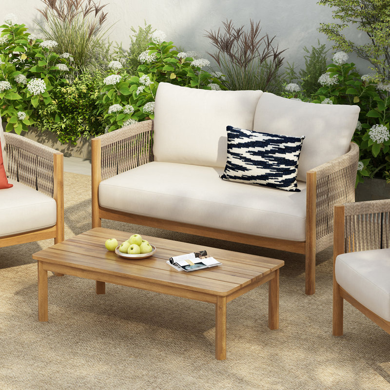 Harrill Outdoor 2-Piece Conversation Set With Cushions, Teak/Beige, 13.75" H x 40" L x 22" D