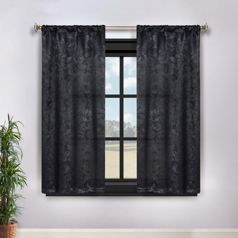  Modern Bohemian Leaves Pattern 100% Polyester Machine Washable Room Darkening Blackout Curtains, 26" W x 63" L, Black