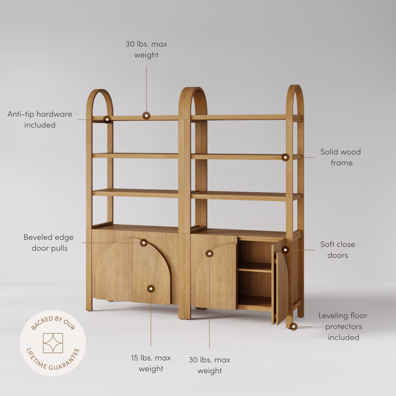 3 Tier Arched Bookshelf With Cabinet Base And Solid Wood Frame (2-Piece Set), Light Brown
