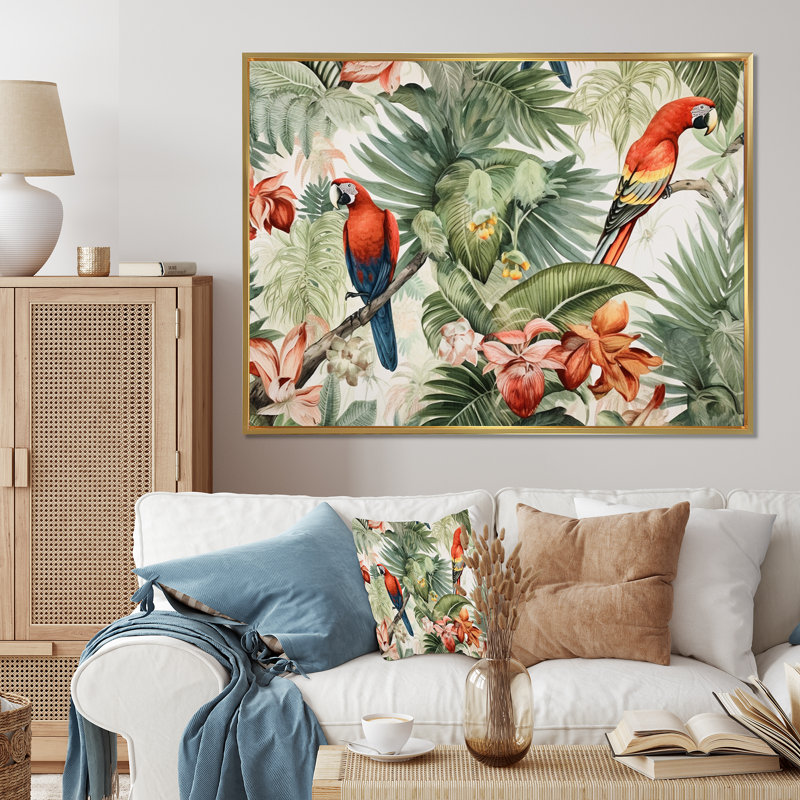 Perroquet au paradis I - art mural perroquet, H 12 po x l 20 po x P 1 po, Cadre flottant doré