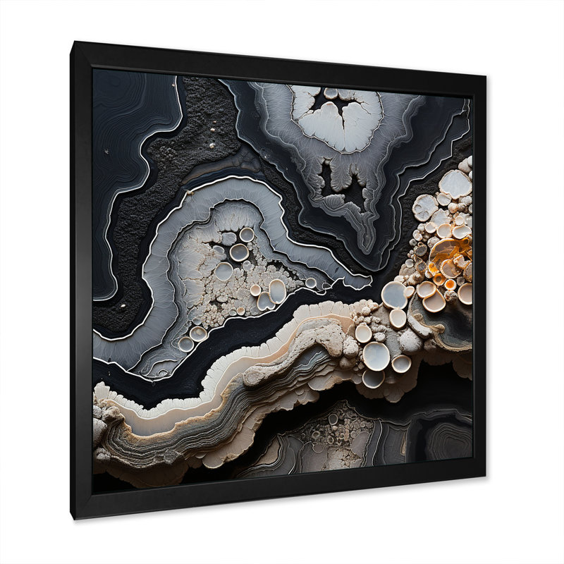 «Grey Stone Geode Minimalisme I», reproduction sur toile, Cadre simple noir, H 36 po x l 36 po x P 1,5 po