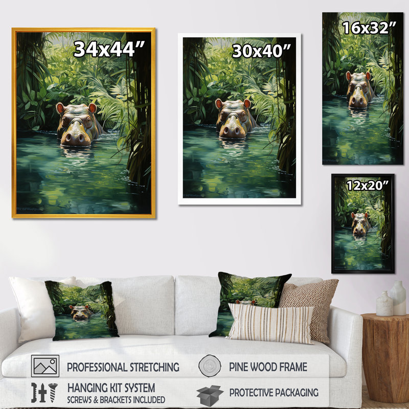 «Hippo Secret Hideaway 1 - Hippopotamus», art mural, Toile tendue, H 44 po x l 34 po x P 1,5 po