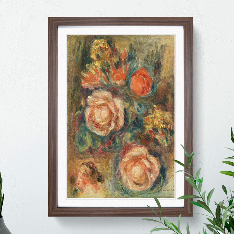 Bouquet of Roses by Pierre-Auguste Renoir - Picture Frame Painting, 65cm H x 48cm W x 2cm D, Walnut