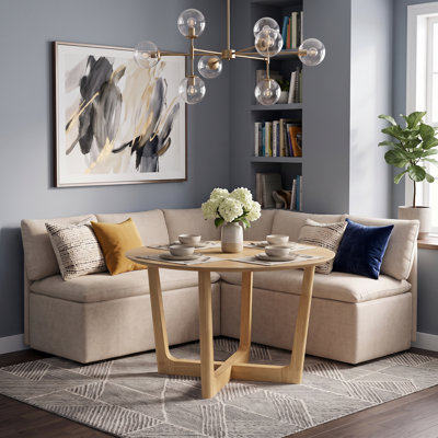 Space-Saving L-Shape Banquette With Storage & Modern Round Dining Table Set