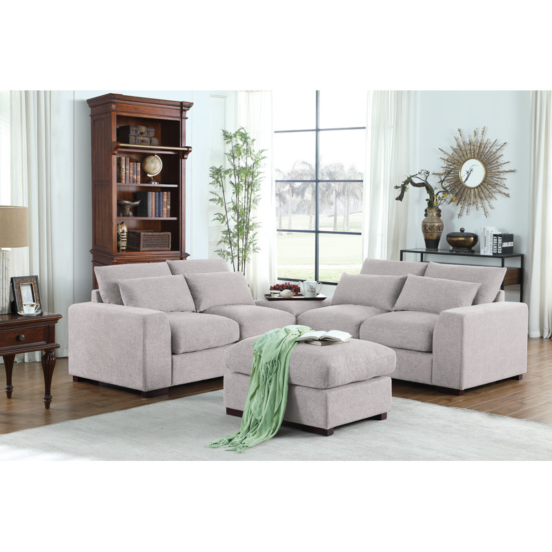 Light Gray Linen-Blend Modular Sectional Sofa with Ottoman