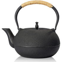 Tetsubin 43 oz Black Cast Iron Osaka Teapot - Wooden Handle and Knob - 7 1/2 inch x 6 inch x 5 inch - 1 Count Box