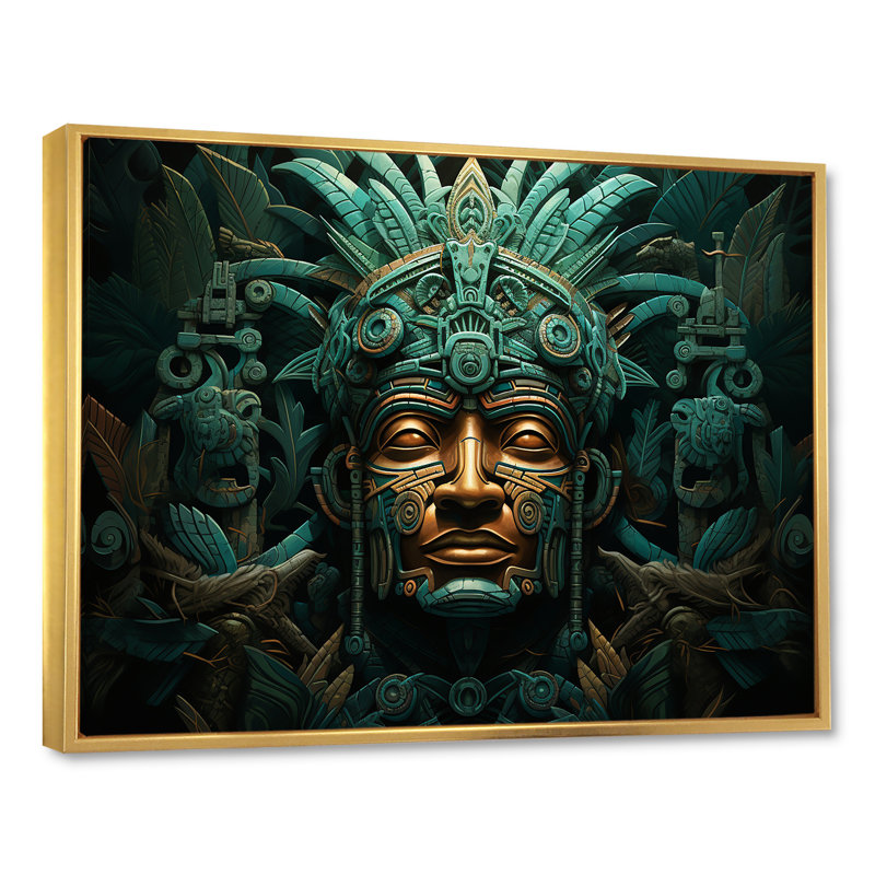 Maya Magic Aztec Mask I - Art mural mexicain, H 34 po x l 44 po x P 1,5 po, Cadre flottant doré
