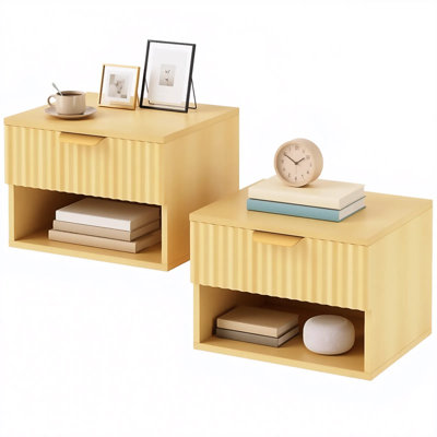 Floating Nightstands Set of 2 Wall-Mounted Bedside Tables Oak 40x34x29cm Fluted Drawer Open Shelf Soft-Close