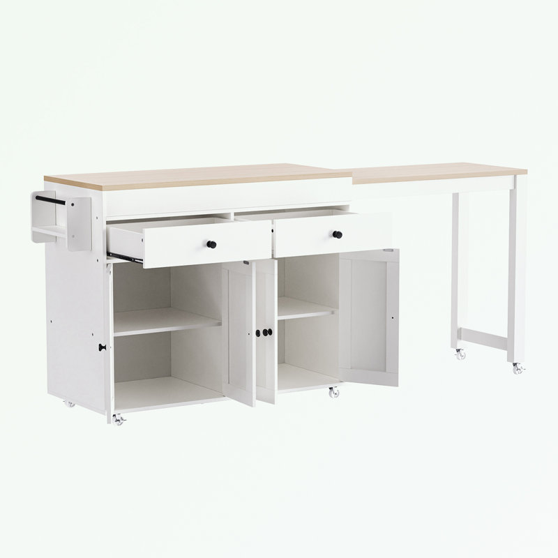 Îlot de cuisine avec table de salle à manger extensible, étagère à épices et 2 tiroirs, Blanc cassé