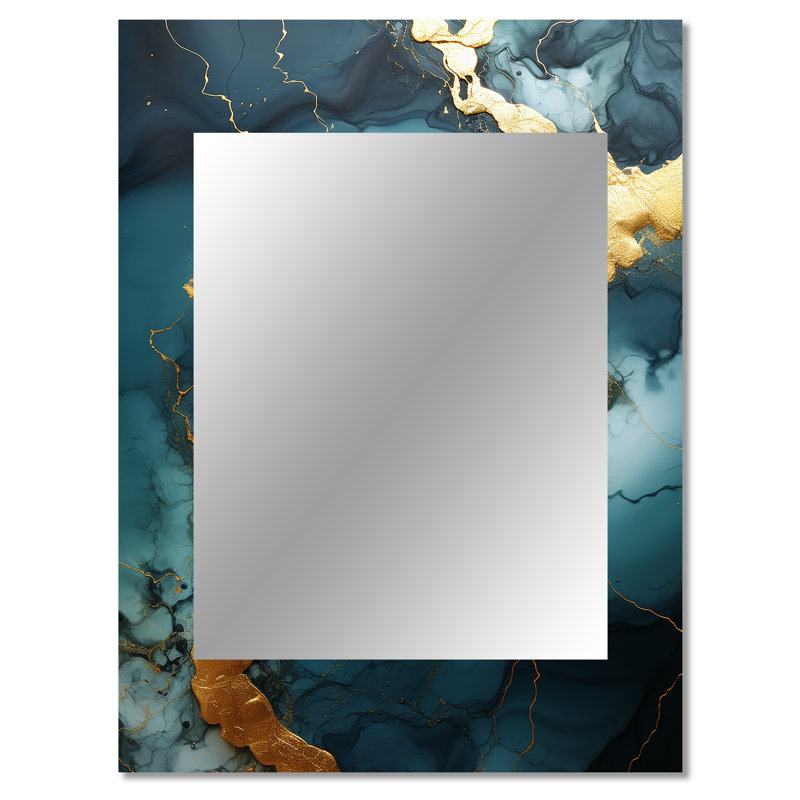 Or et vert abstrait marbre V - miroir mural décoratif en marbre, miroir moderne, impression d'art en métal, 40 po x 30 po