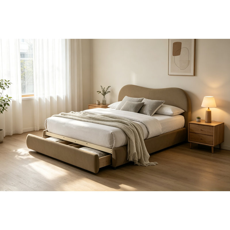 Lit 1 pièce Boucle, tête de lit courbée avec rangement FB, Brown, Grand lit