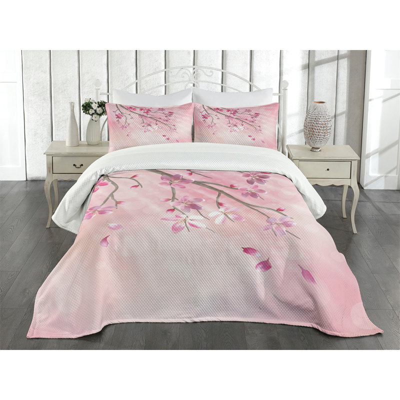King Size Pink Quilted Bedspread Set with Floral Design
