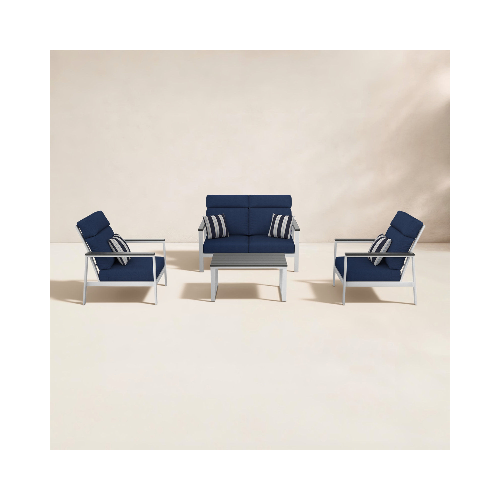 Hofman 4 Person Seating Group With Sunbrella Cushions, Gray, Canvas Navy