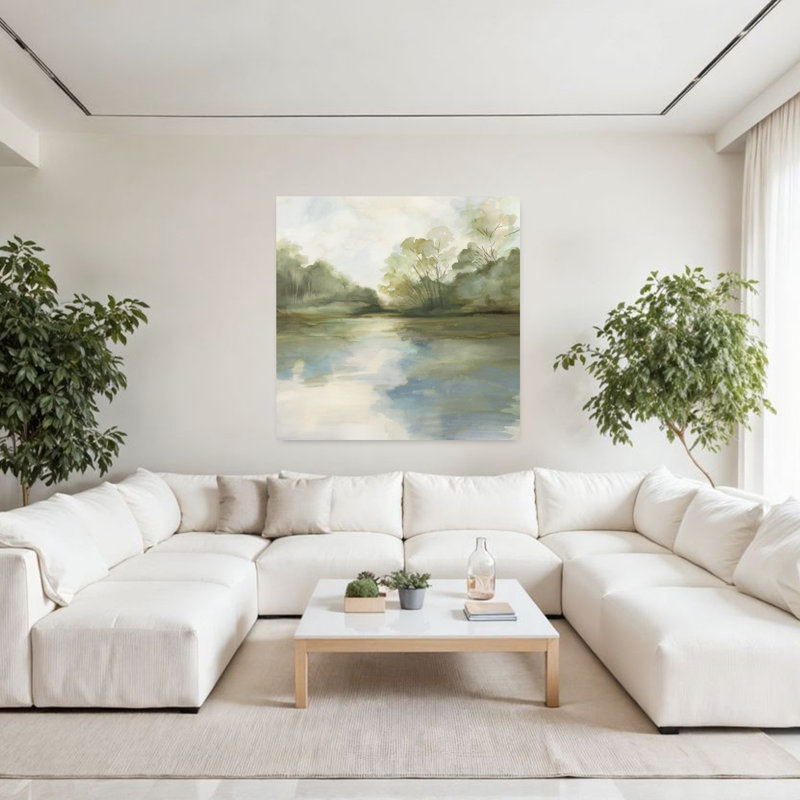 «Tranquil Reflections By The Water», art contemporain de paysage contemporain, H 48 po x l 48 po