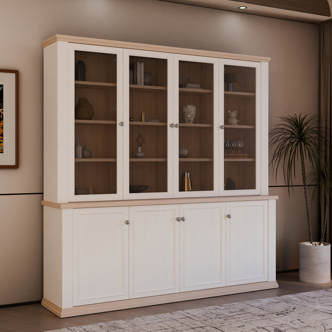 Rosswell Modern cottage style buffet cupboard with 8 doors, engineered wood, dark grey/light oak decor, 198.5 cm W x 202.1 cm H x 43.3 cm D
