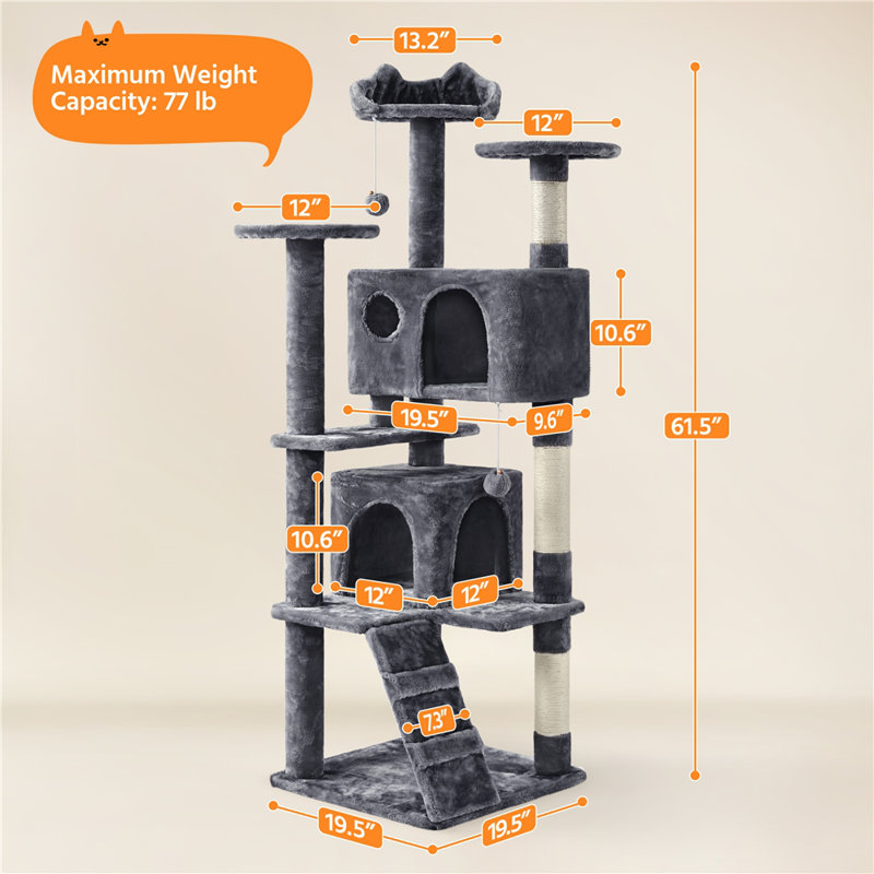 Arbre à chat 61,5 po Dagenham, Gris foncé, H 61,5 po x l 19,5 po x P 19,5 po