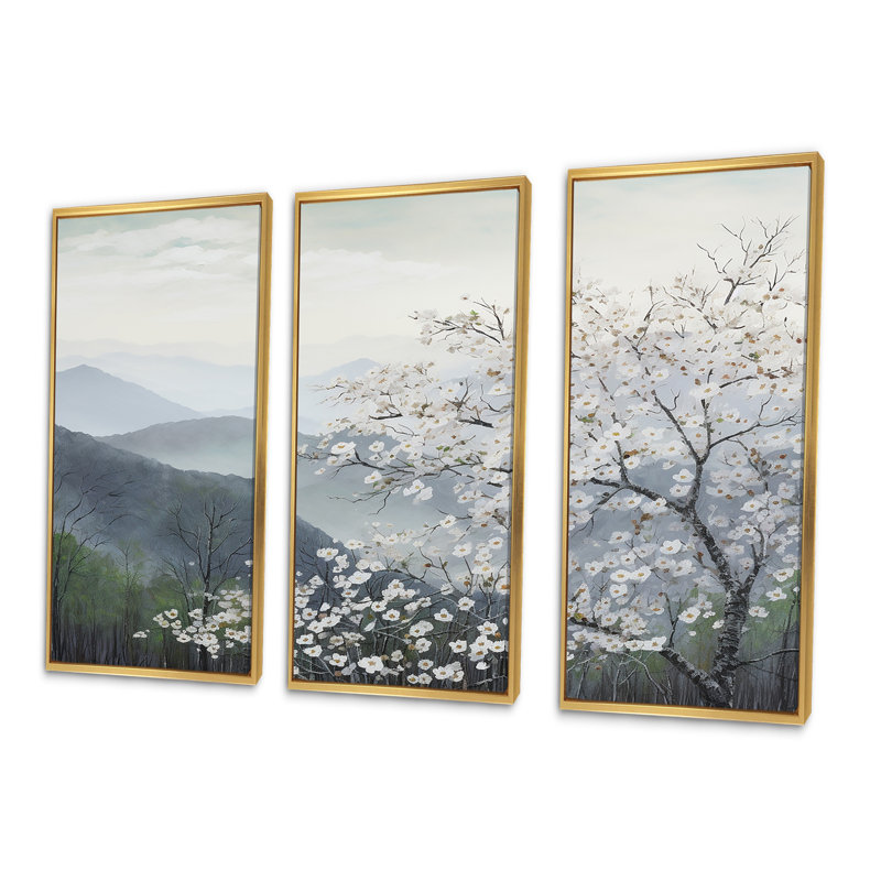 Fleurs de cornouiller japonais - Colline, Cadre flottant doré, H 40 po x l 60 po x P 1 po