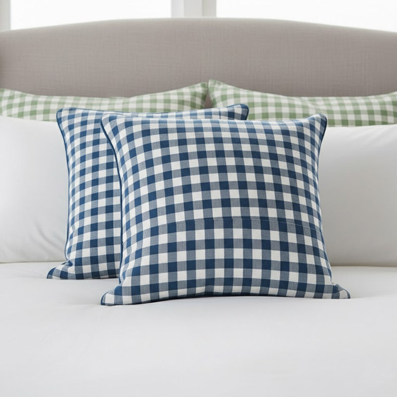 Gingham Pattern Euro Sham, White/Navy Blue, Square 24"
