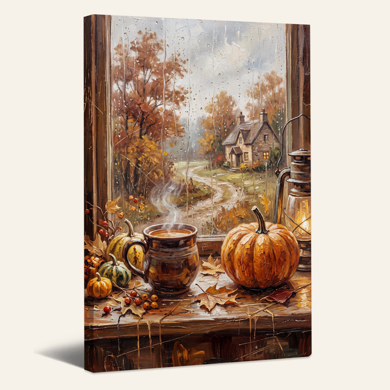 Tasse fumante et citrouille sur le rebord d'une fenêtre pluvieux - Toile murale d'Halloween, 24"H x 18"W