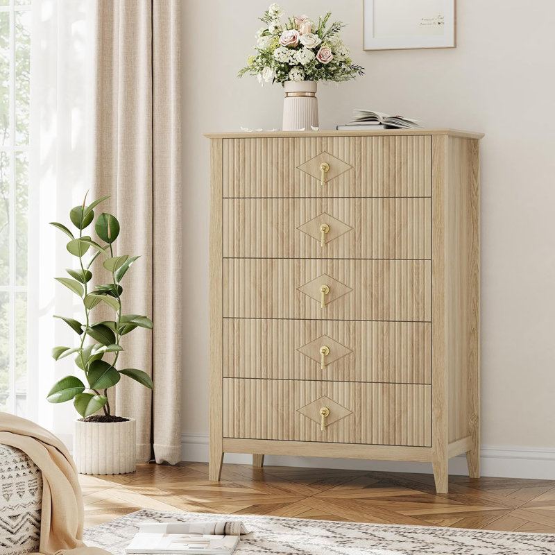 Commode pour chambre à coucher avec 5 tiroirs, commode moderne de 32 po de largeur avec poignée en métal, Jaune