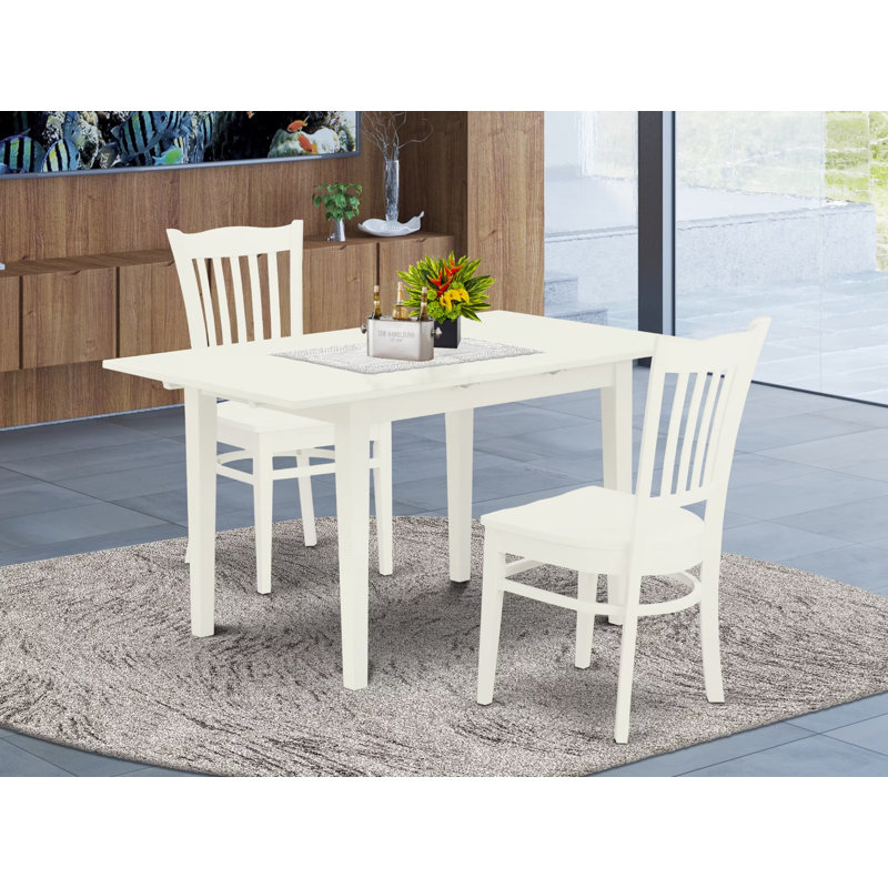 L'ensemble de meubles de salle à manger 3 pièces comprend une table de cuisine rectangulaire avec rallonge papillon et 2 chaises de salle à manger, 32 x 54 pouces, blanc lin