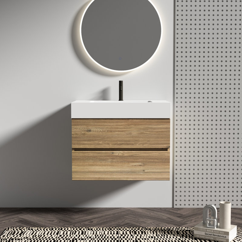 Meuble-lavabo flottant mural, impression visuelle en chêne, ensemble de fonctions de tiroir silencieux, panneaux E1, système de conception de lavabo en une pièce Qualité, performance,