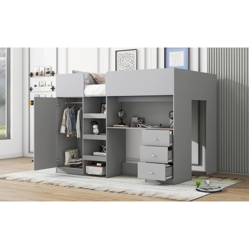 Lit mezzanine en bois avec tablettes et tiroirs de rangement intégrés, Gris