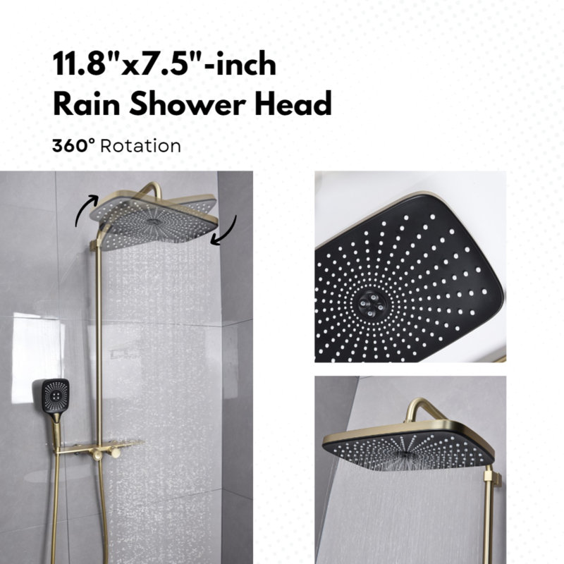 4 Functions Wall Mounted Anti Scald All-In-One Kit Bathroom Complete Shower System Shower with Rain Shower Head & Handshower & Thermostatic Valve, Brushed Gold