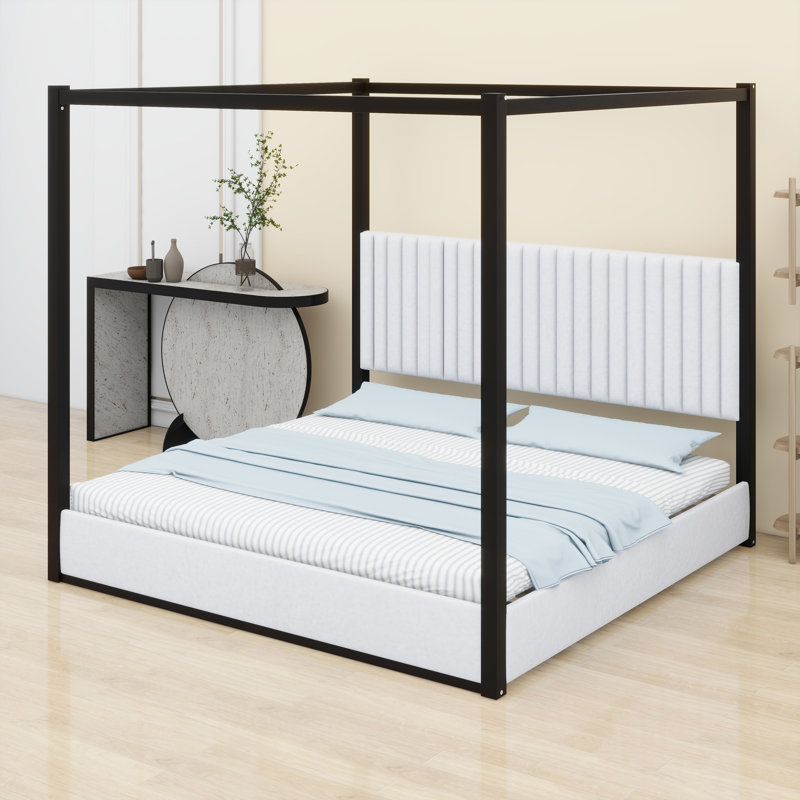 Base de lit à baldaquin contemporaine avec tête de lit coussinée et silhouette épurée, Noir blanc