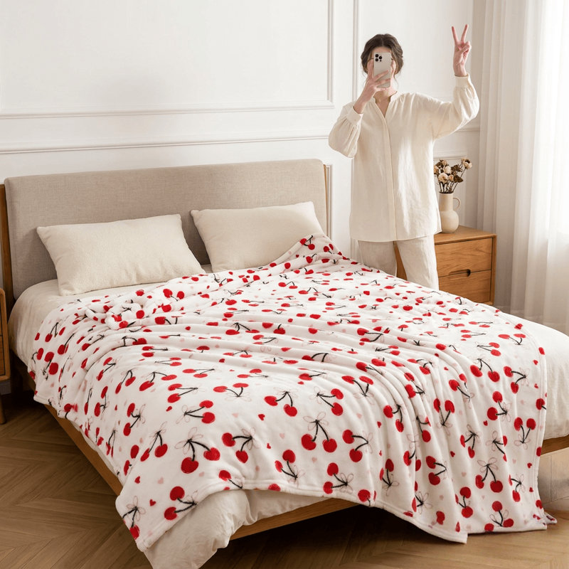 Cherry Patterned Flannel Throw Blanket, Twin