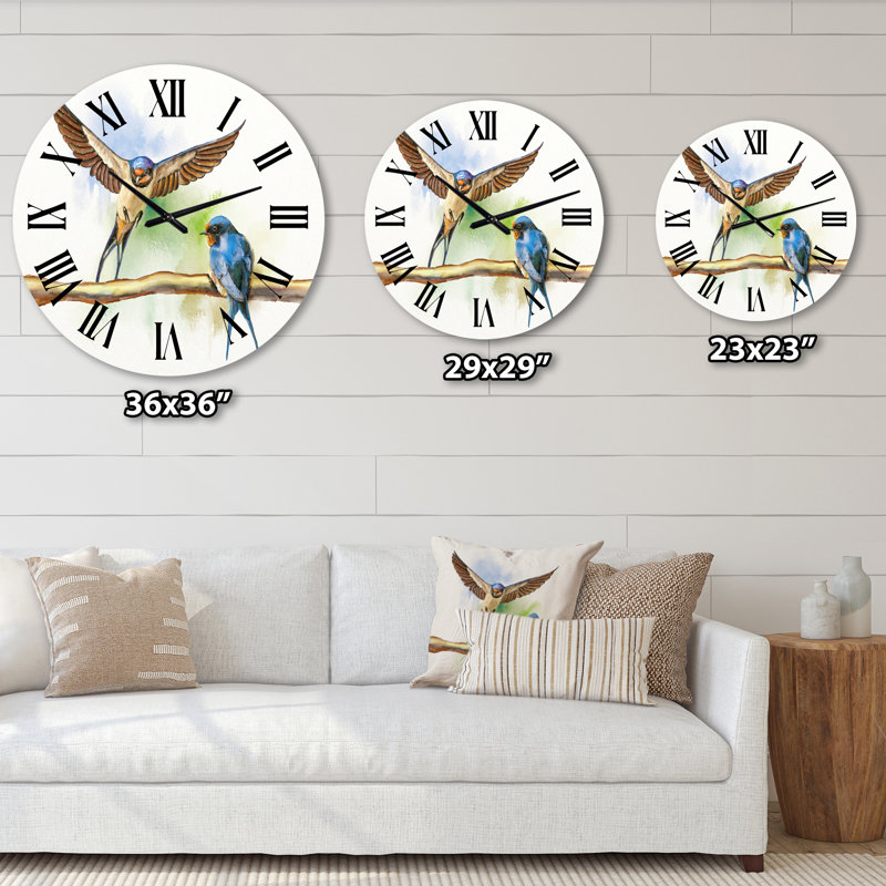 Deux granges, hirondelles, horloge murale, Surdimensionné