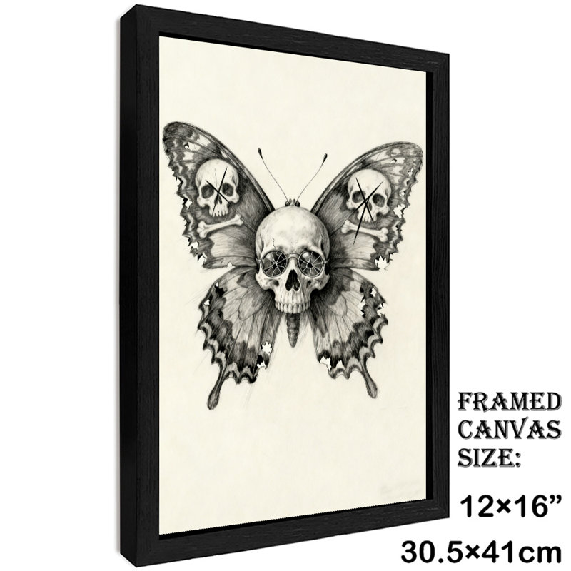 Reproduction d'art encadré noir avec crâne de papillon rétro, H 17 po x l 13 po