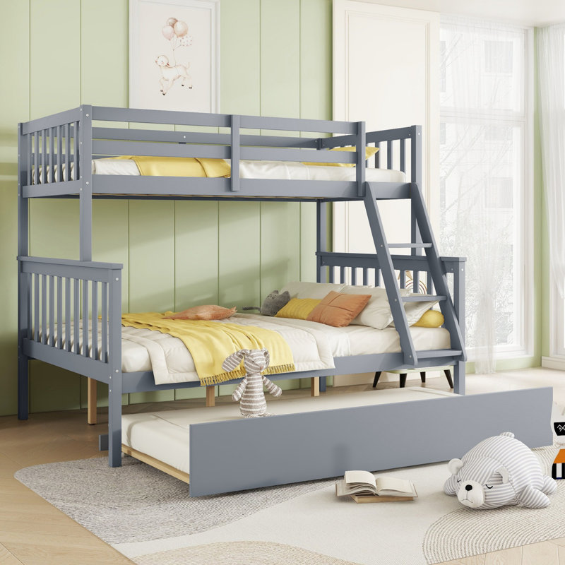 Sotion Kids Bunk Bed with Trundle, Gray, Twin Over Full
