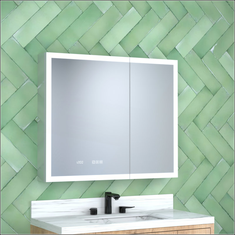 36 po L 30 po H Pharmacie rectangulaire en aluminium argenté encastré / à fixation en surface avec miroir DEL et horloge