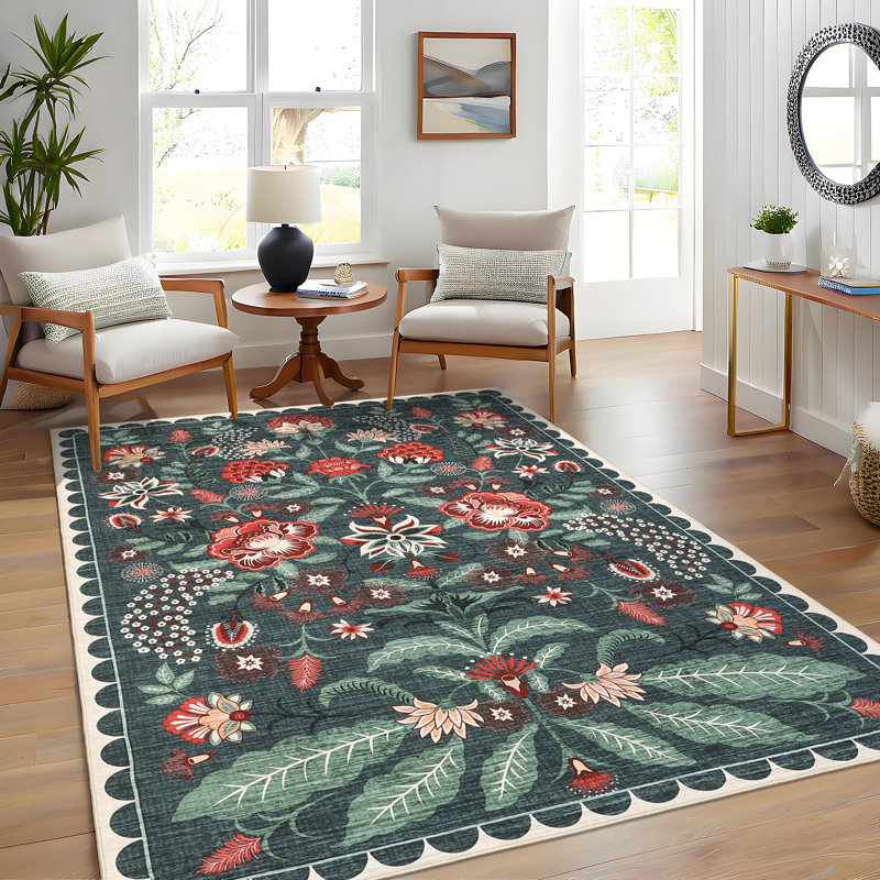 Botanical Floral Washable Rug for Living Room Non Slip Indoor Soft Low Pile Non-Shedding Carpet for Bedroom Nursery Playroom