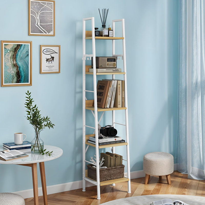 ladder shelving unit， 5 Tiers Floorstanding slim bookcase, Beige/White
