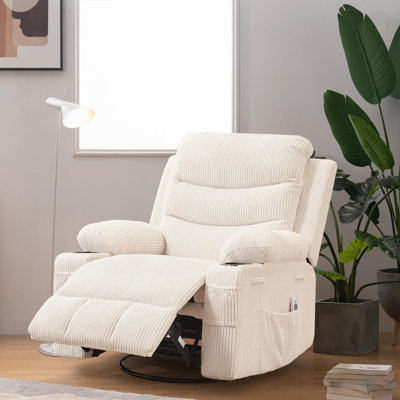 Fauteuil inclinable à bascule pivotant 360 ° pour petits espaces, fauteuil de chambre de bébé rembourré en tissu avec poches latérales avec porte-gobelet, fauteuil inclinable massant et chauffant