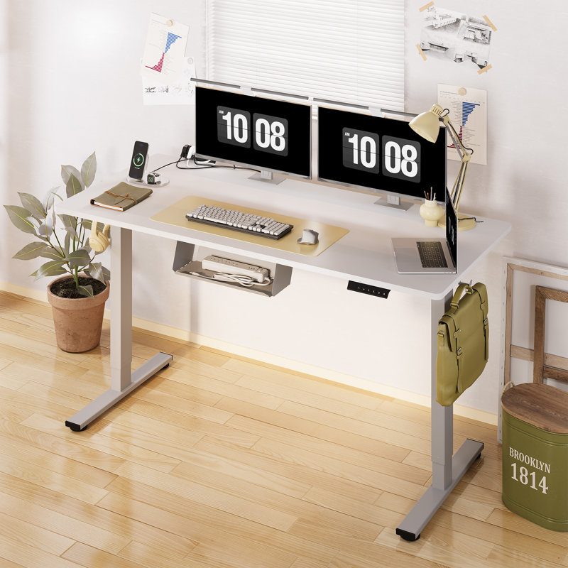 Adjustable Standing Desk, Whole-Piece Desktop, 60" W x 24" D, White/Gray