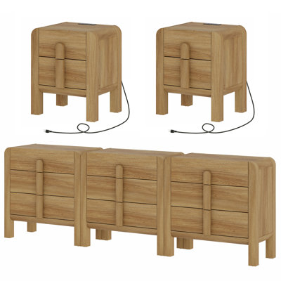 Ensemble de chambre à coucher 5 pièces, ensembles de commode et table de chevet 9 tiroirs pour la chambre à coucher, ensemble de 2 tables de chevet avec profil incurvé, commode en bois Mid-Century