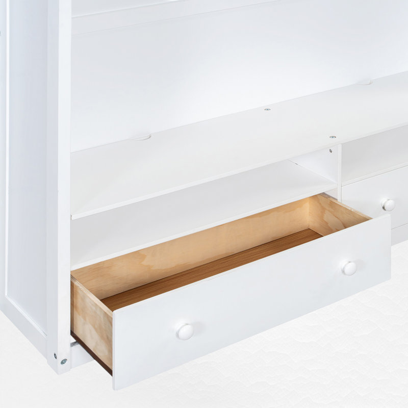 Lit mezzanine double avec garde-robe intégrée et meuble télé, Blanc