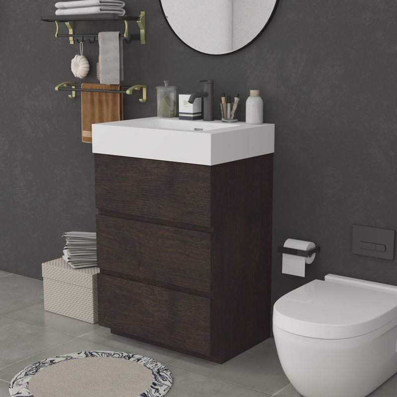 Meuble-lavabo moderne avec lavabo, Noyer, Blanc