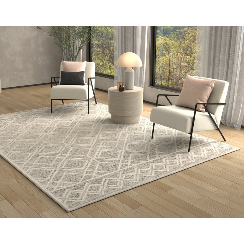 Tapis ivoire / taupe en laine touffeté à la main à motif géométrique Margene, Rectangulaire 8 pi x 10 pi