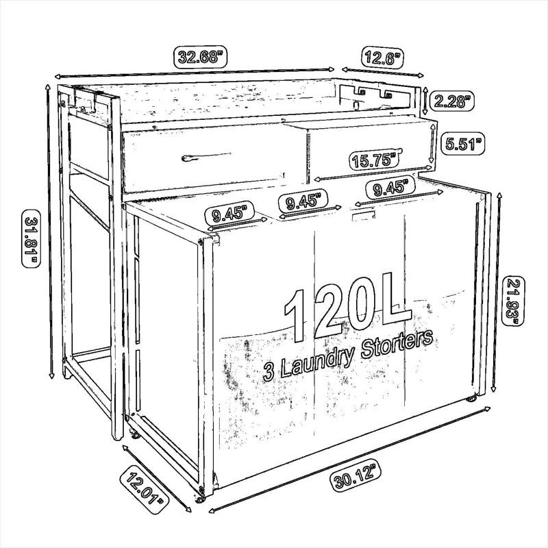 Panier à linge roulant à 3 sections avec tablette de rangement et tiroirs, organisateur de trieur de linge mobile d'une capacité de 120 L avec roues pour la salle de lavage, la salle de bain ou la chambre à coucher