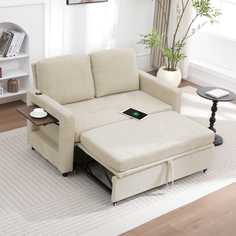 Upholstered Convertible Sleeper Sofa featuring USB Ports and Side Pocket, Light Brown Linen